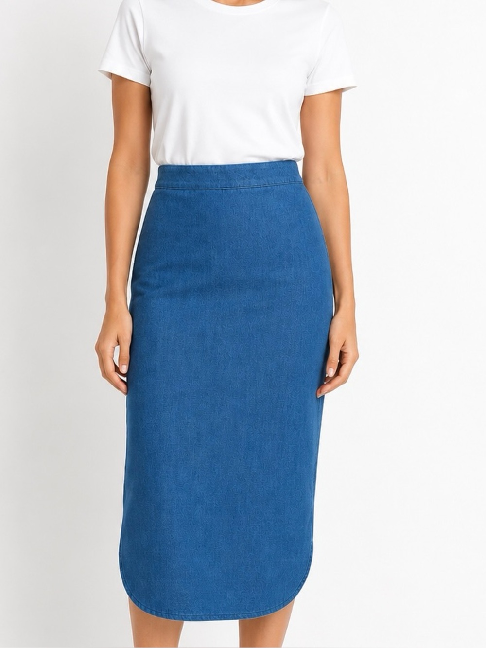 Quince Blue Stretch Denim Midi Skirt, Organic Cotton L